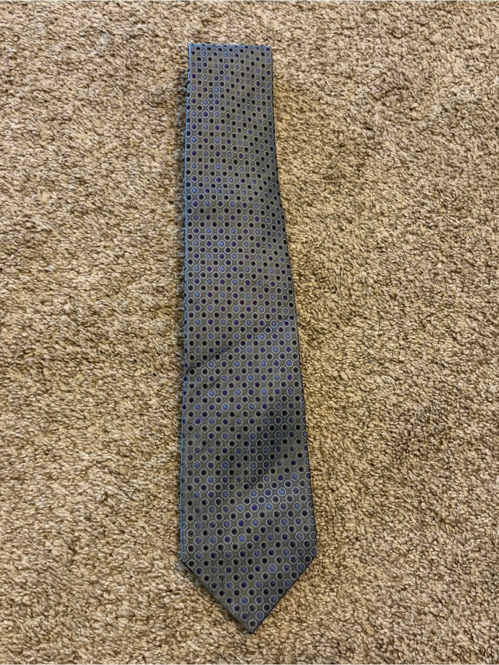 Claiborne Men’s Gray Silk Tie with Blue and Purple Dot Pattern